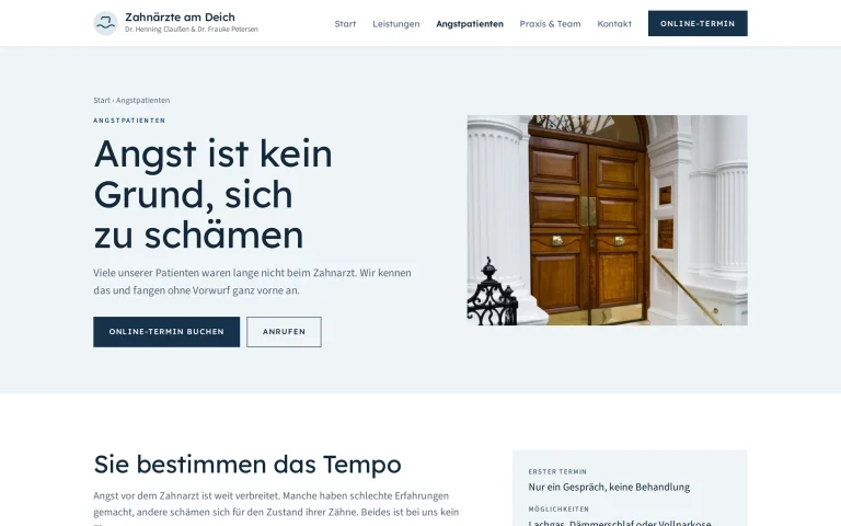Beispiel-Website Zahnarztpraxis: Seite für Angstpatienten der Zahnärzte am Deich