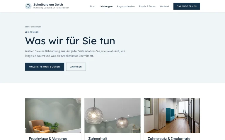 Beispiel-Website Zahnarztpraxis: Leistungsübersicht der Zahnärzte am Deich