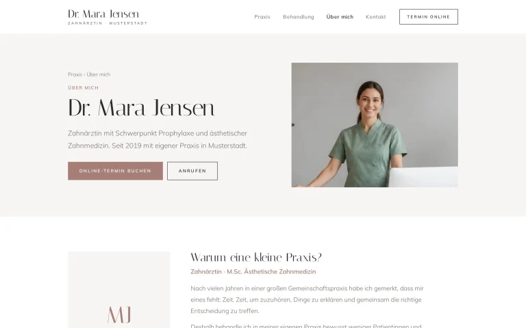 Beispiel-Website Zahnarztpraxis: Über-mich-Seite der Zahnärztin Dr. Mara Jensen