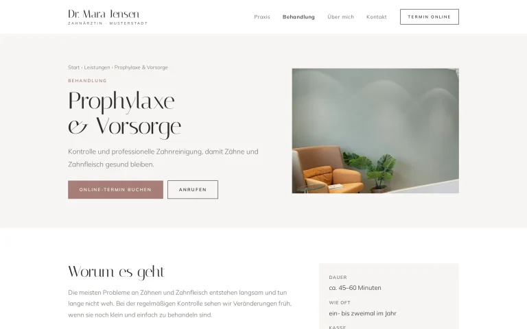 Beispiel-Website Zahnarztpraxis: Behandlungsseite Prophylaxe der Musterpraxis Dr. Mara Jensen